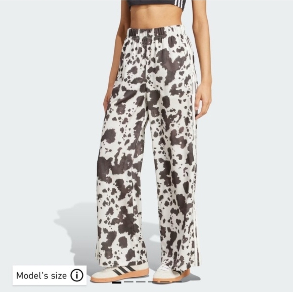 XS S Adidas Originals Cow Print Satin Wide Leg Track Pants - Brown/White